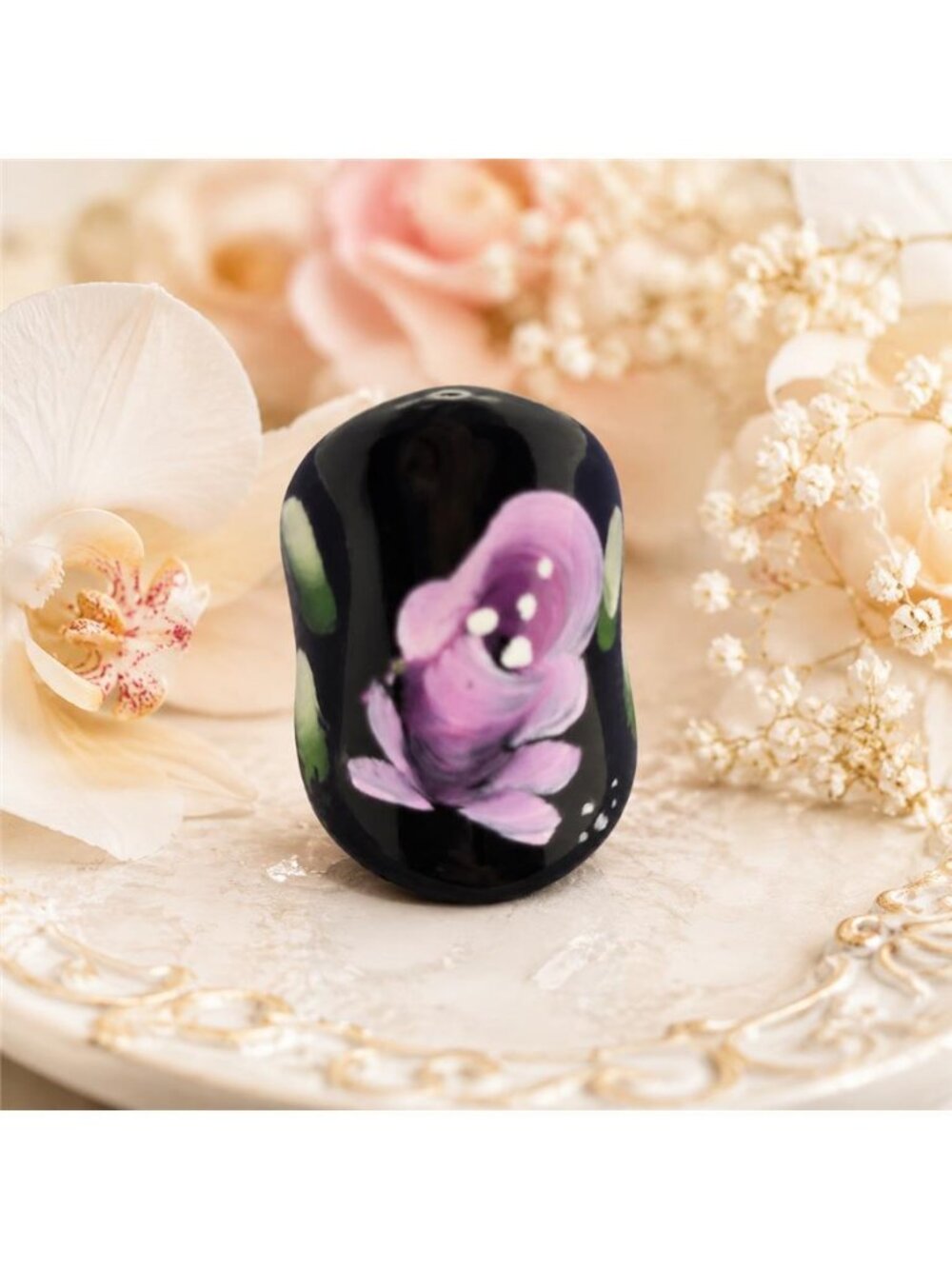 Black Lucite Hand Painted Orchid Dome Cocktail Statement Ring Size 6 Vintage